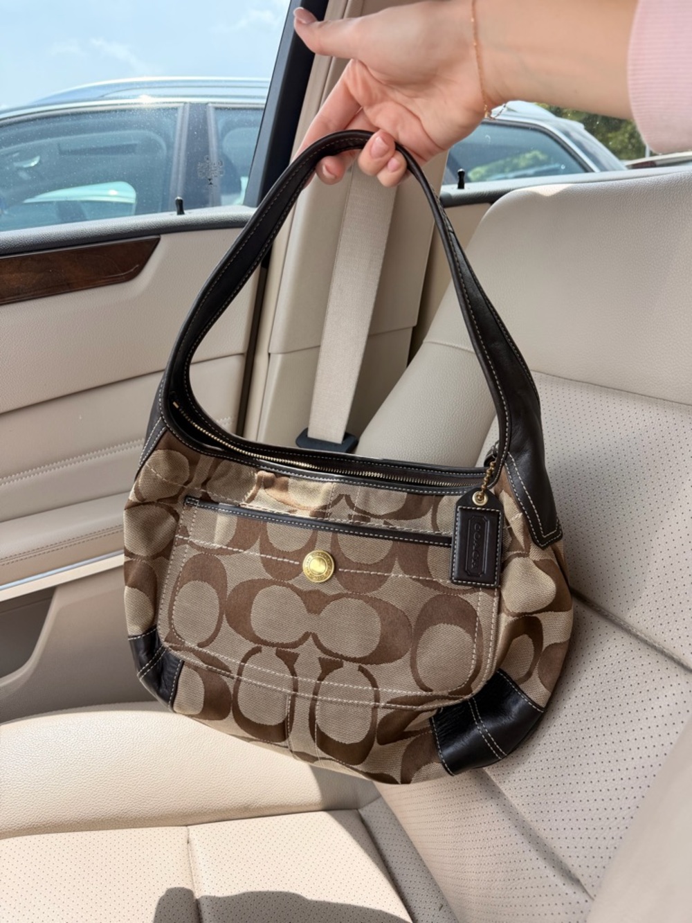 Coach Brown Signature Canvas Shoulder Bag with Dark Brown Trim